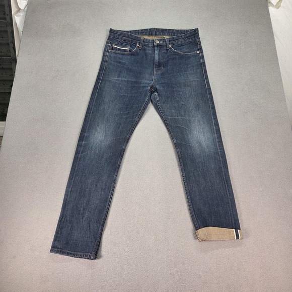 Selvedge Jeans Mens Blue Medium Wash Straight Leg Stretch Denim Fits 32x29